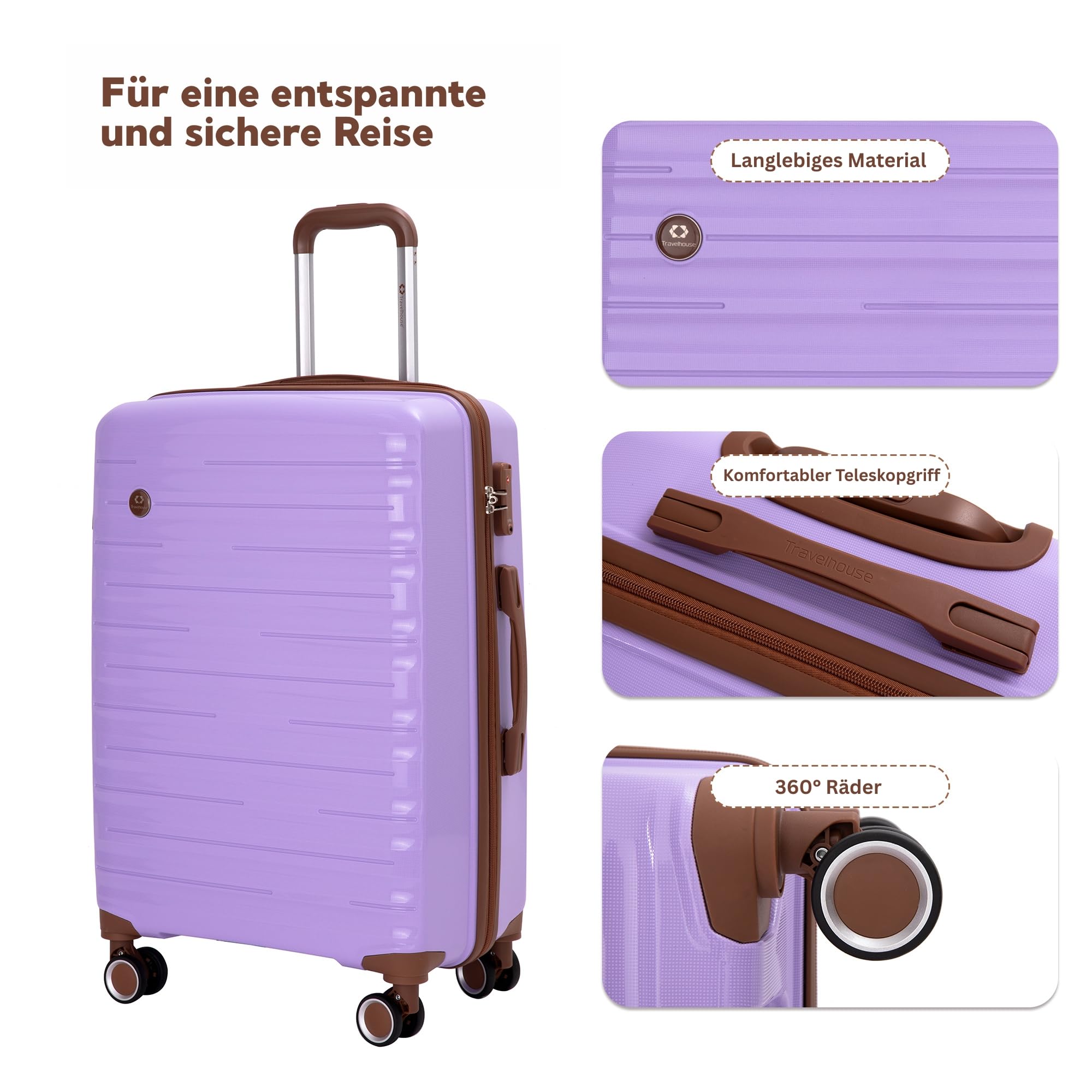 Travelhouse Ascona - Set di 5 bagagli, valigetta con ruote, policarbonato + custodia rigida ABS, borsa da viaggio e beauty case, set di bagagli a mano, viola/lilla, 77x30x53 cm, Set di valigie