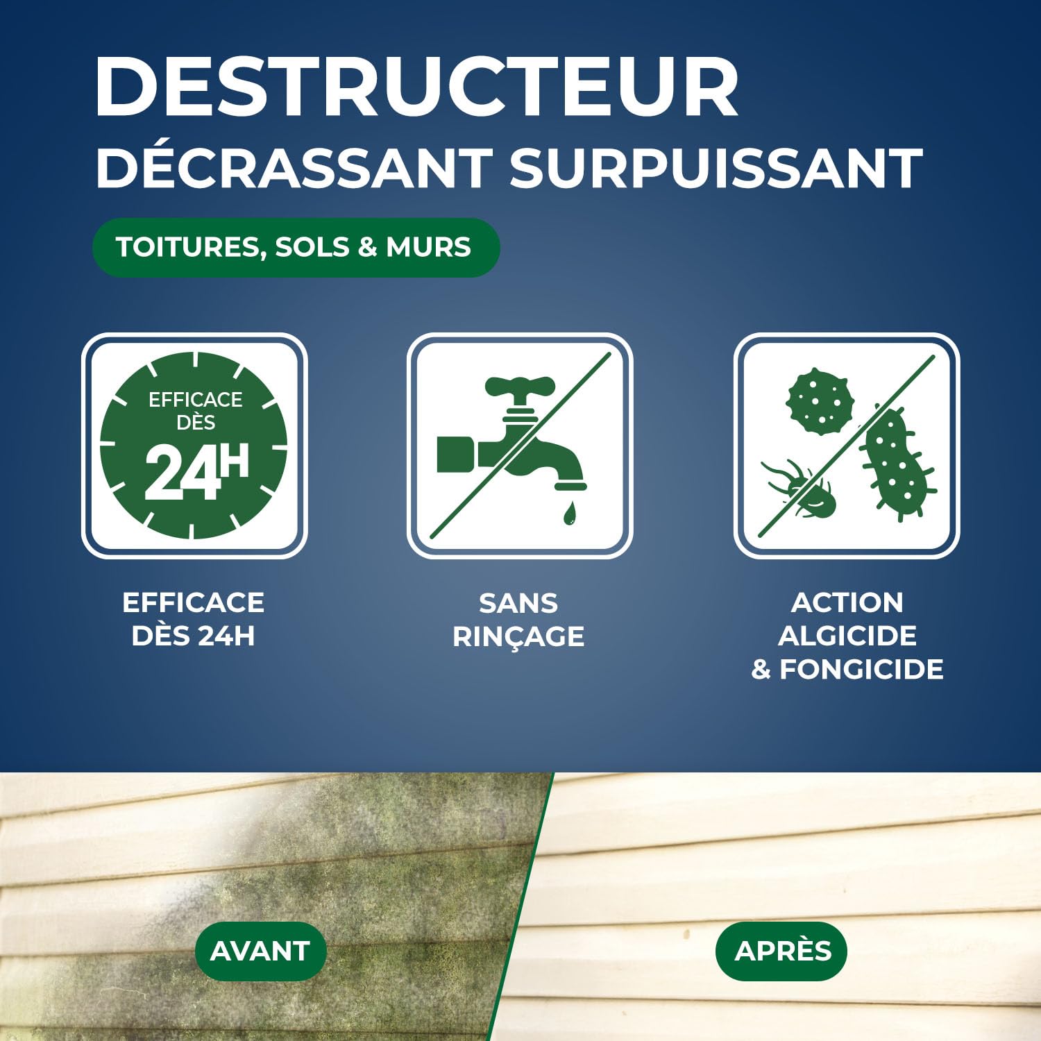 STARWAX Destructeur de dépôts verts rouges lichens et traces noires 5L, prêt à l'emploi, toitures murs et sols extérieurs, action algicide curative et préventive, sans javel et sans rinçage, 10m²/L