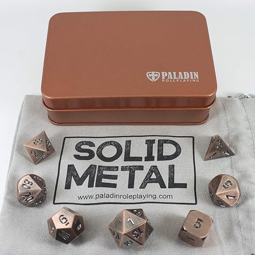 Dados de metal de bronce - Juego completo poliédrico en lata de presentación