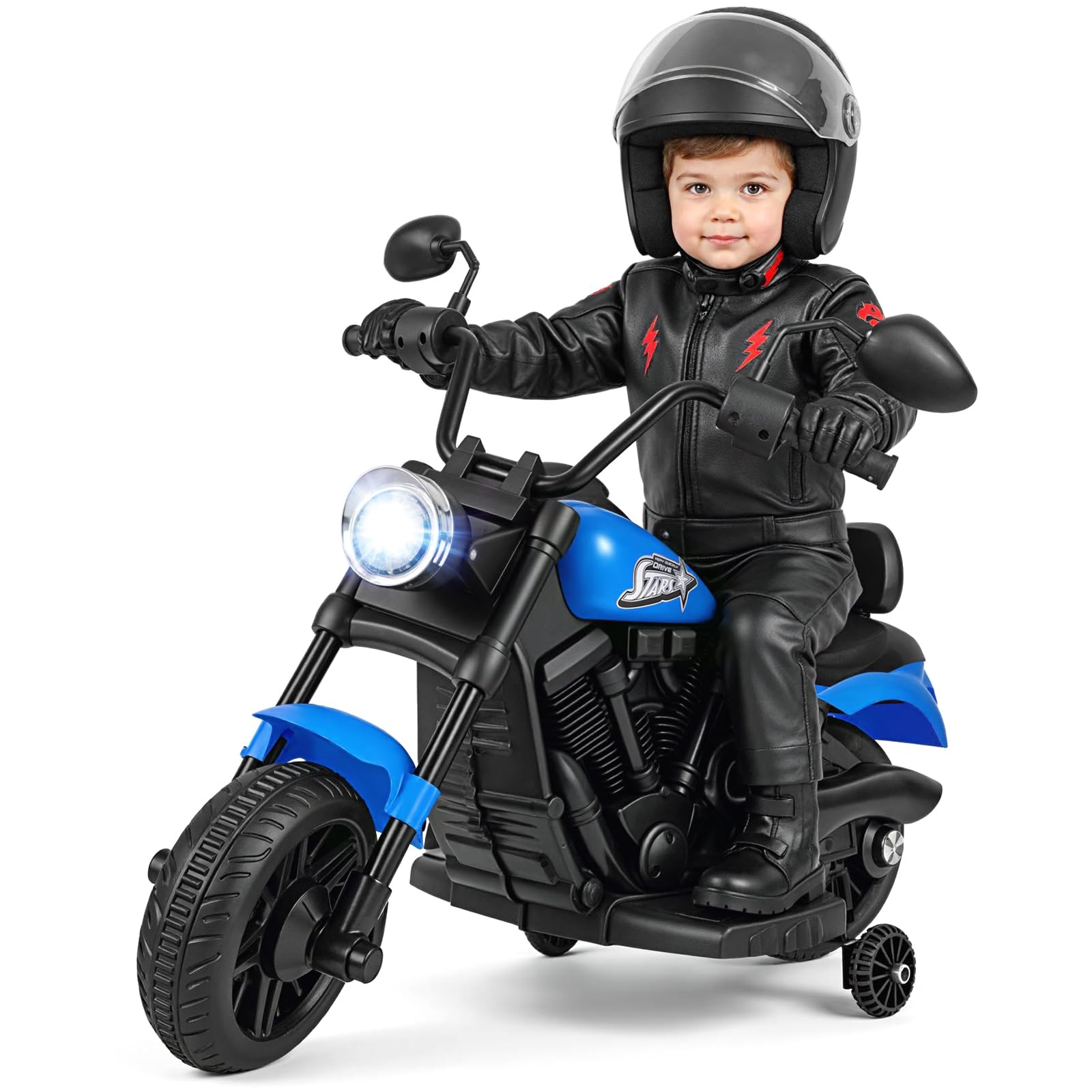 COSTWAY 6V Moto Électrique Enfant avec Musique et Phares LED, Voiture Électrique Enfant avec 2 Roues d'Entraînement Amovibles et Pédale, 2,4 km/h, Charge 30 kg pour 3 Ans+ (Bleu Marine)
