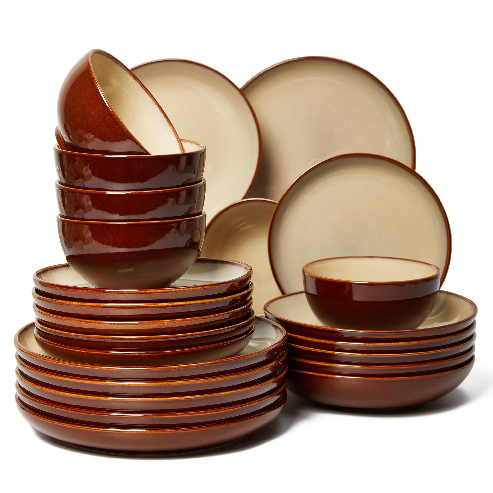 Plates and Bowls Set, POKINI 24 Pieces Stoneware Dinnerware Set, Microwave & Dishwasher Safe Dish Sets, Modern Ceramic Dinner Salad Plates | Cereal Bowls, Dishes Set for 6, Brown Yellow