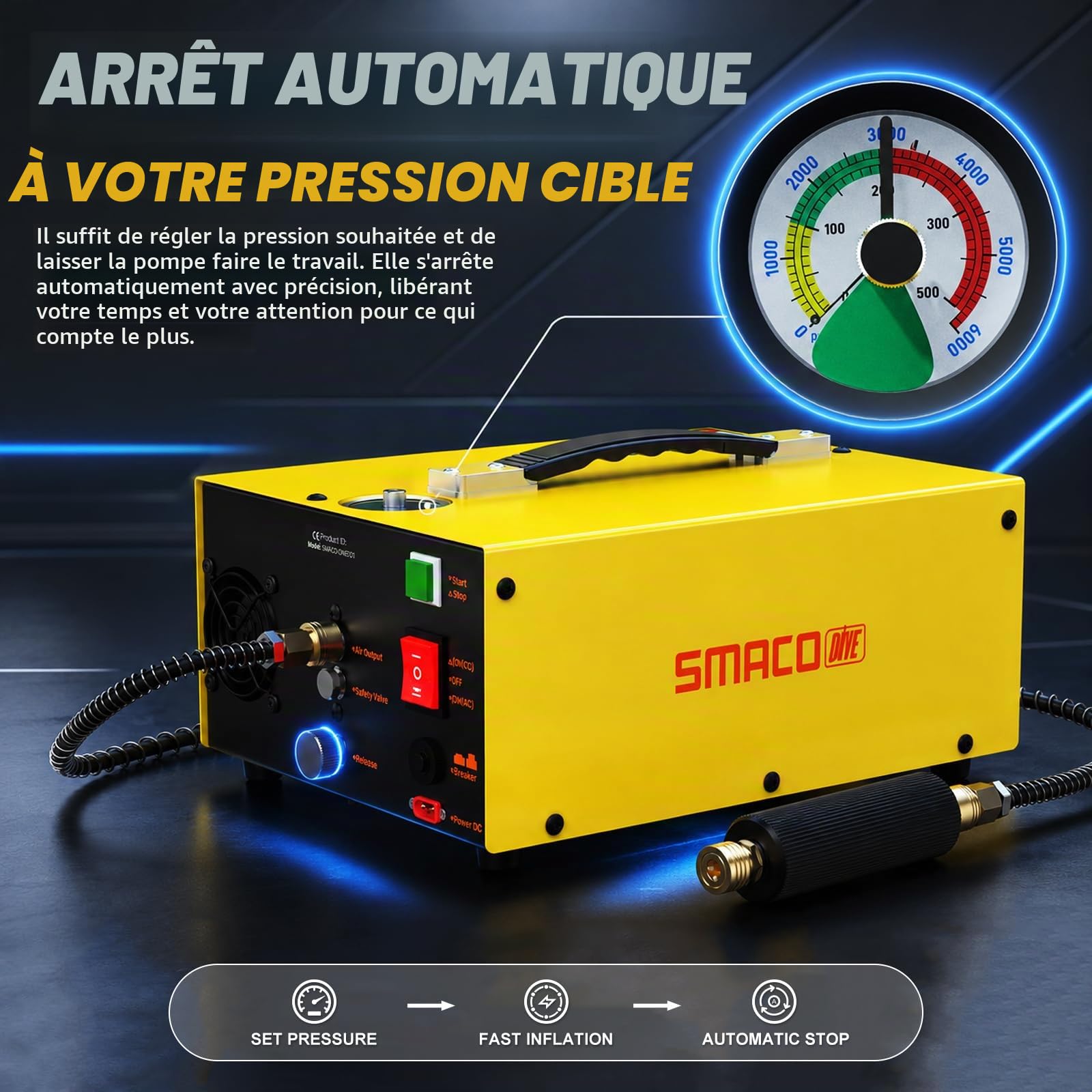SMACO Compresseur de plongée PCP haute pression 4500 PSI / 300 bar Compresseur d'air portable pour bouteilles de plongée paintball, fusils à air PCP, arrêt automatique, double alimentation (12 V CC