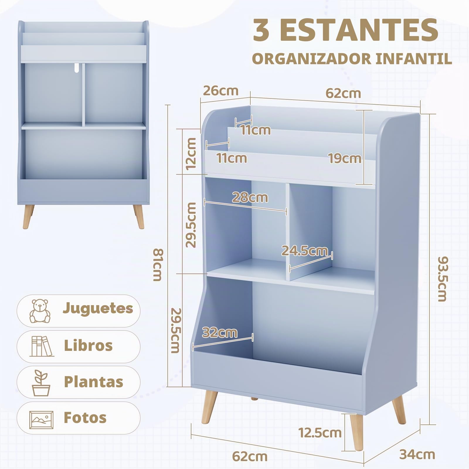 MAMIZO Estantería Infantil 5 Estantes,Mueble Juguetes Organizador, Estantería Montessori,Librería Infantil,para Guardería Sala de Juegos,con 2 Estantes, 3 Compartimentos,94 × 62 × 34 cm,Azul