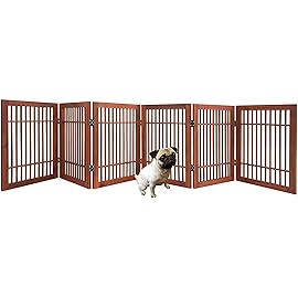 Pet Dog Gate Strong and Durable Freestanding Folding Acacia Hardwood Portable Wooden Fence Indoors or Outdoors by Urnporium (Brown Pet Gate, 6 Panel 24 Tall)