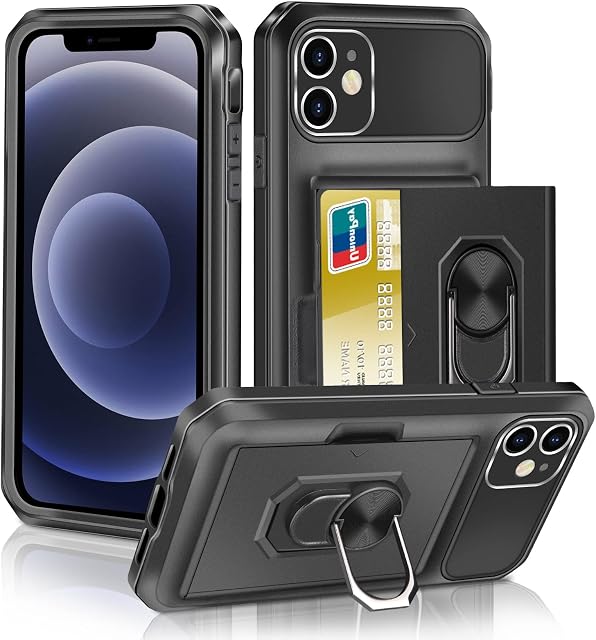 Vunake for iPhone 12 Case with Card Holder iPhone 12 Wallet Case with Ring Kickstand 2-Cards Slot Case Heavy Duty Hard PC TPU Bumper Cover Armor Shockproof Protective Phone Case Cover for iPhone 12