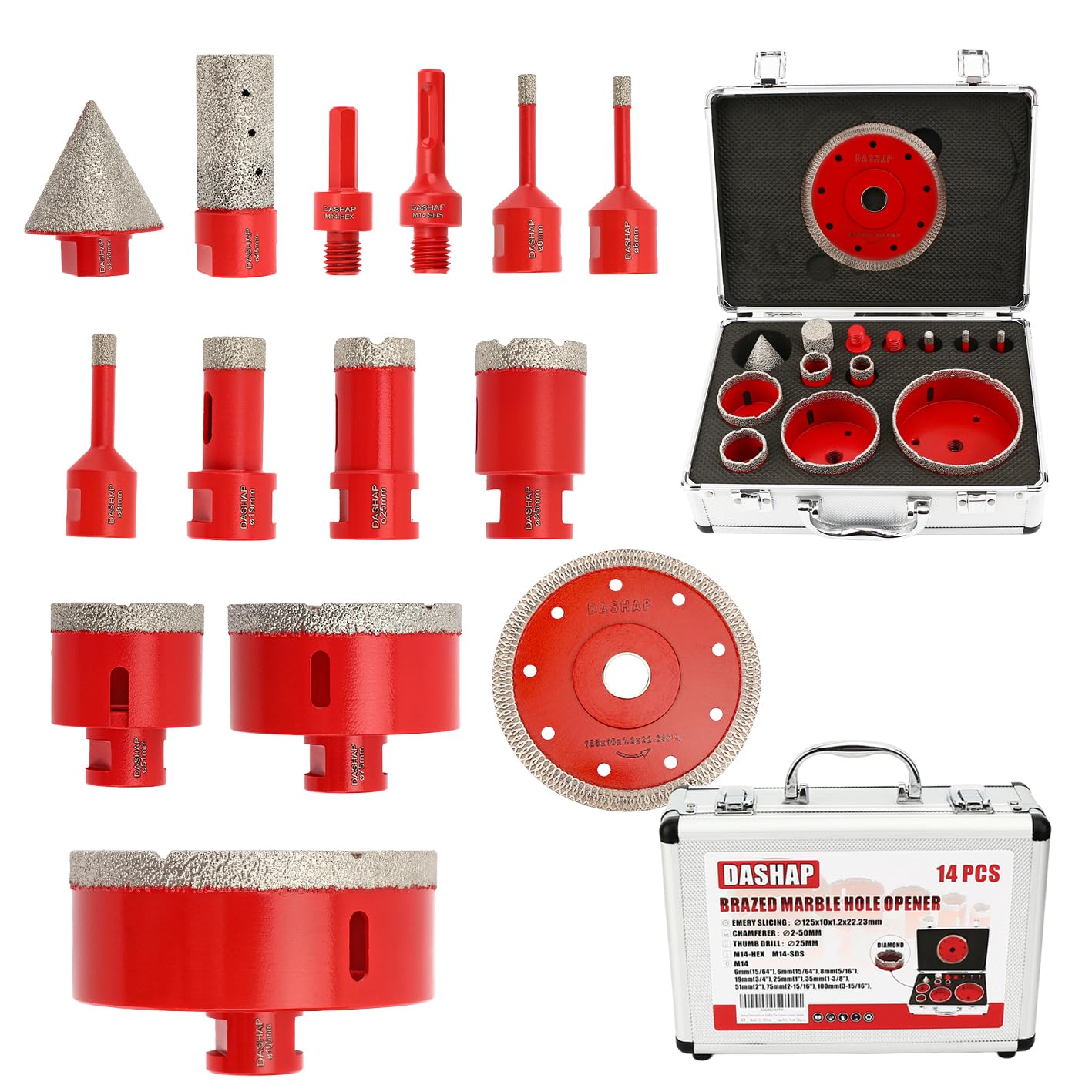 Diamond Hole Saw Kit,14 PCS Porcelain Tile Drill Bits Set 6/6/8/19/25/35/51/75/100mm,Diamond Core Drill Bits Set for Ceramic, Granite,Porcelain
