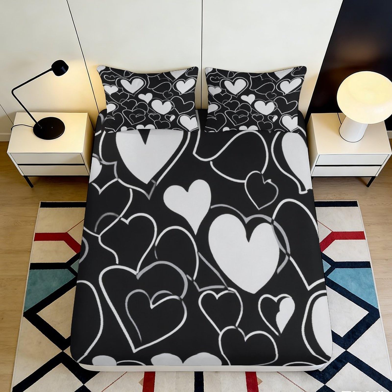 Pnayamiorkfel Style-9 3D Printed Black Heart Pattern Fitted Sheet Microfiber Decor White Love Bed Cover For Bedroom Guest Room 90X200x25cm
