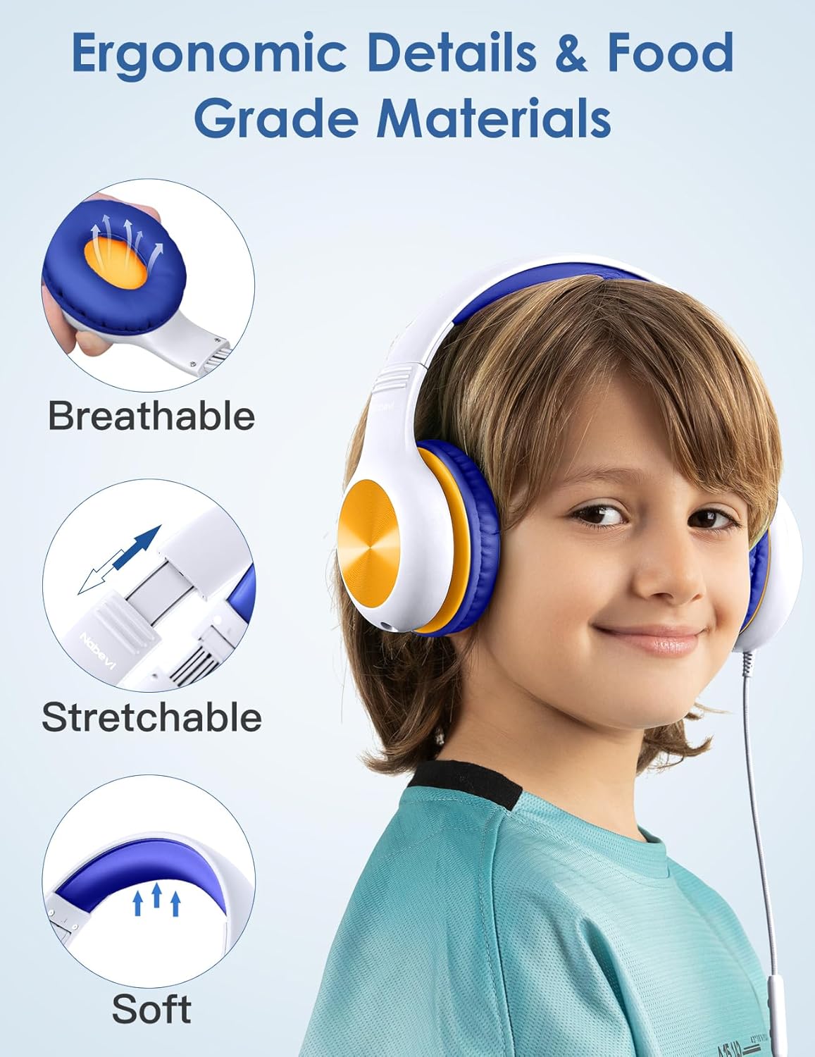 Nabevi Kids Headphones with MIC, Over-Ear Headphones for Kids with Cord, HD Sound, Safe Volume Limit, Sharing Function, Kid Headset for Boys Girls, Toddler Headphone for School, Tablet, White Orange