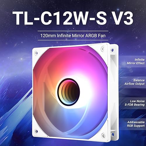 Miniatura 2 de Thermalright Ventilador de carcasa de CPU TL-C12W-S V3, ventilador de 4.724 in con efecto de luz espejo ARGB, ventilador silencioso PWM de 4 pines