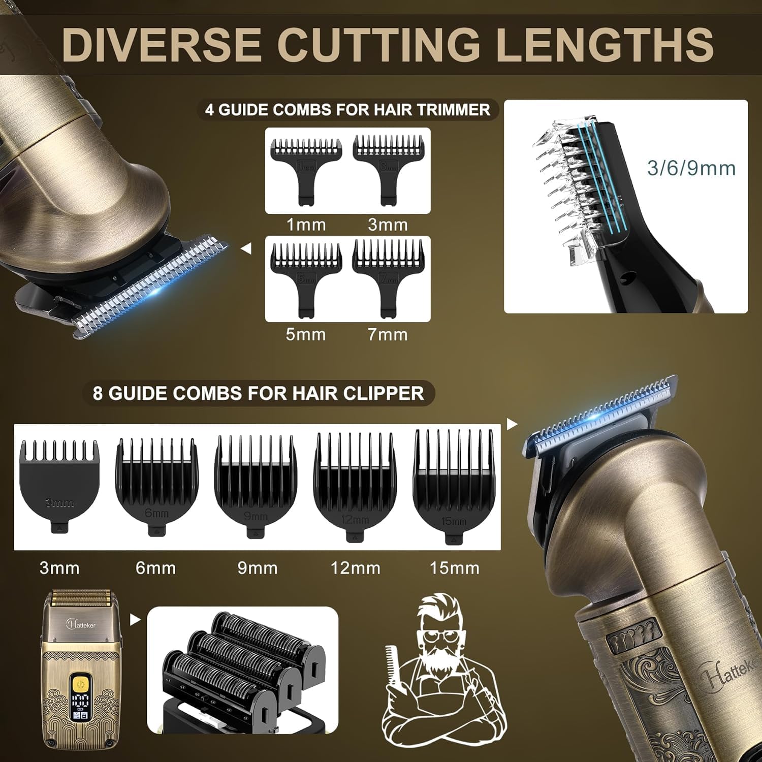 Diverse cutting lengths with guide combs for hair trimmer and clipper