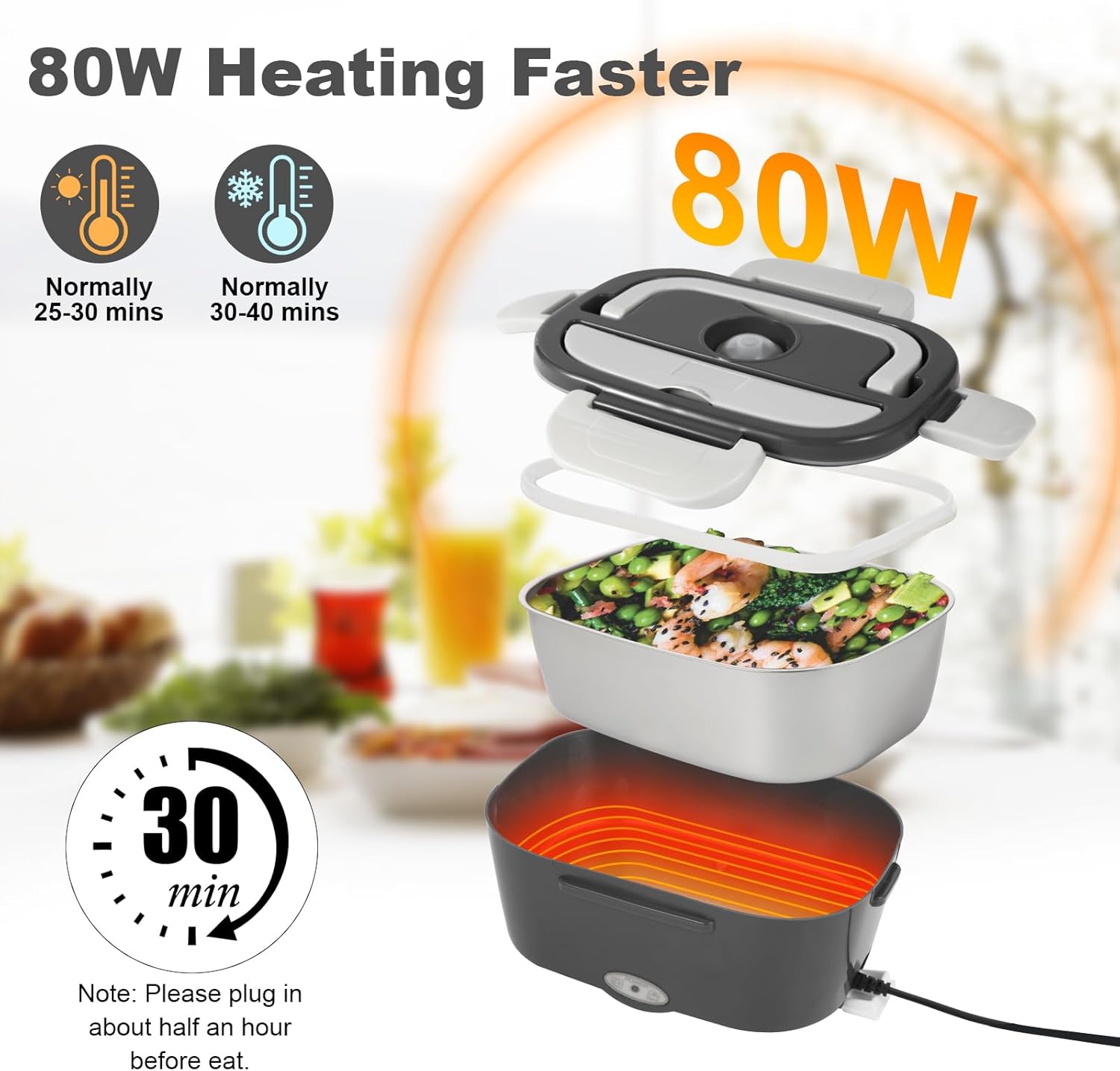 Electric Lunch Box, 12V/24V/110V Portable Food Warmer with SS Fork & Spoon for Car/Truck/Office, 80W Self Heating Lunch Box with 1.5L 304 Stainless Steel Container & 0.45L PP Fruit Box Beige - Image 3