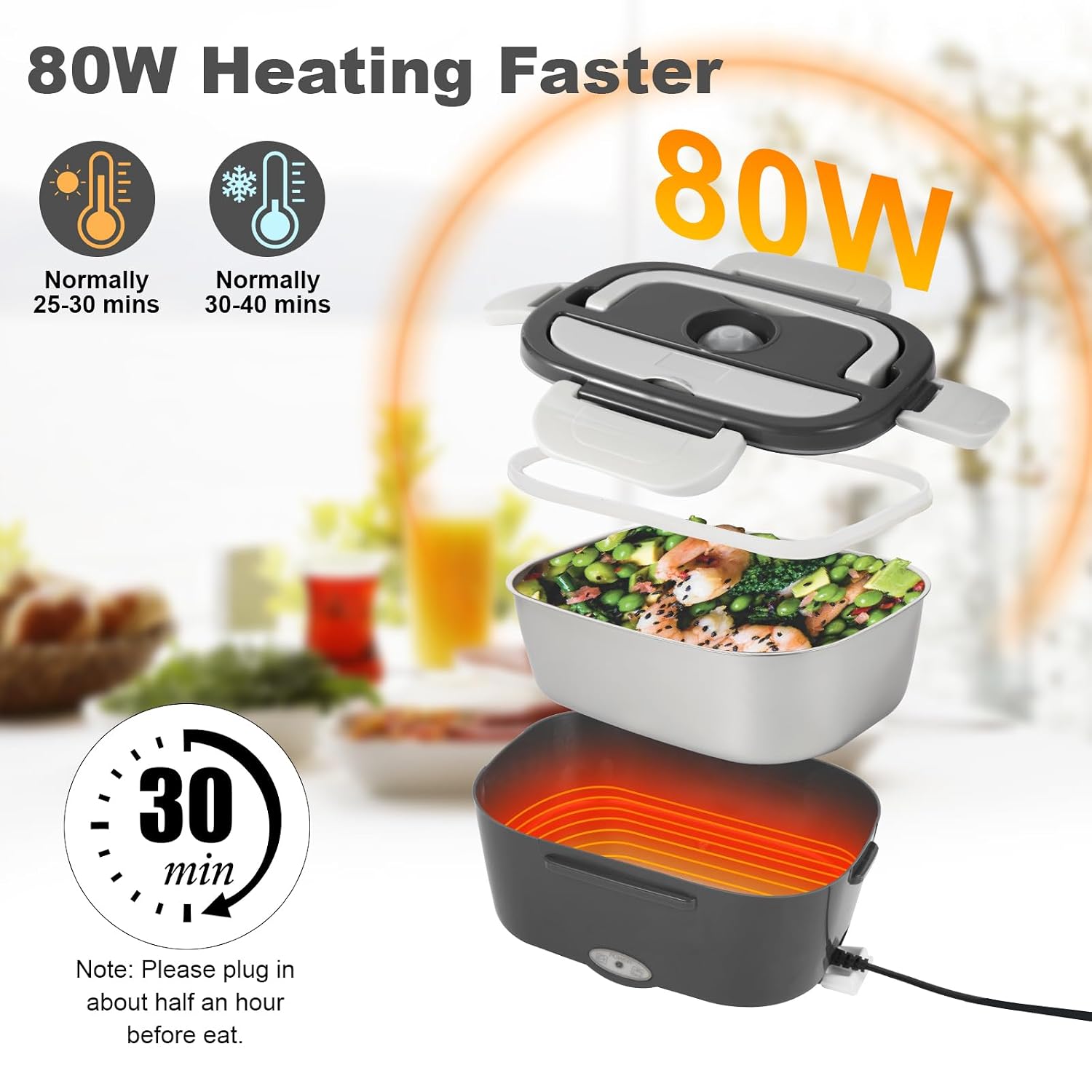 Electric Lunch Box Food Heater, 80W Portable Warmer for Car Truck Work with 304 Stainless Steel Container, 12V/24V/110V Green Heated Lunch Box Suitable for Ideal Driver/Work/Gift, view 11