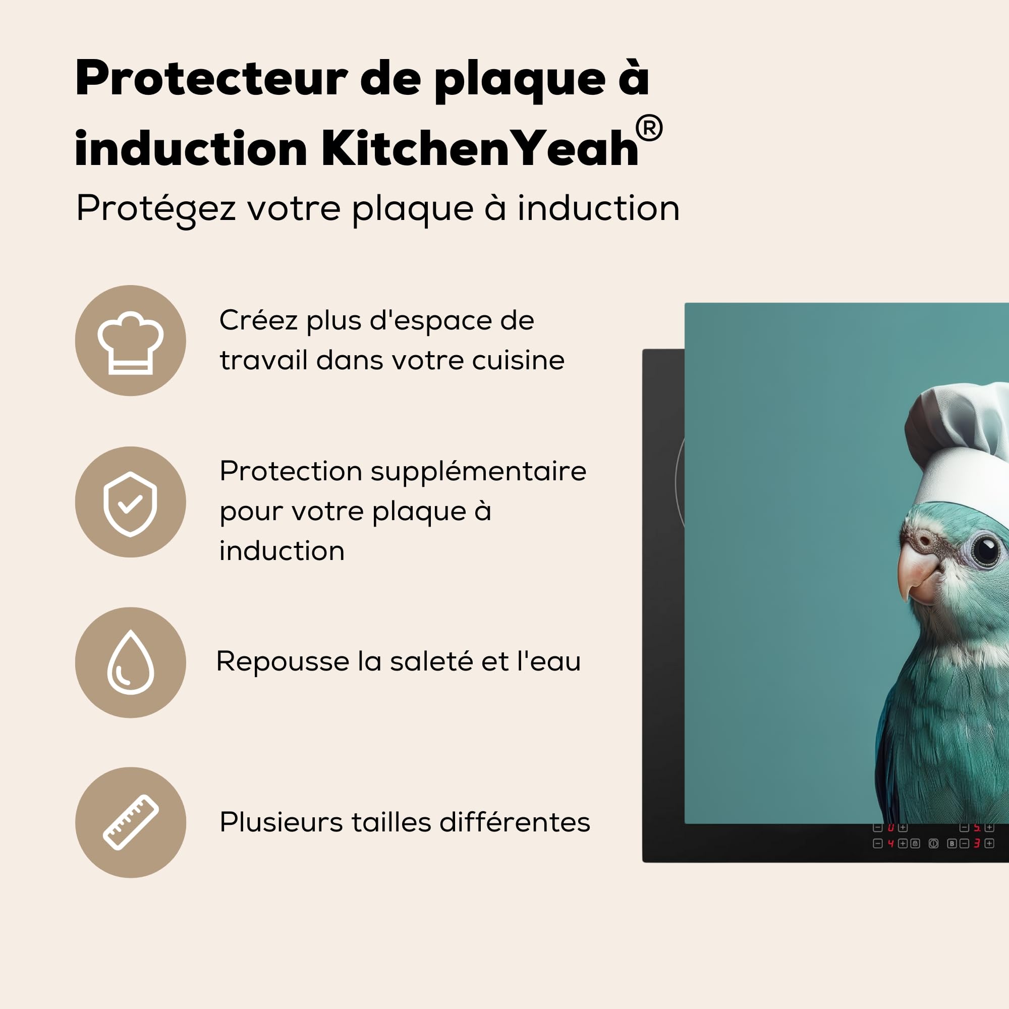 KitchenYeah Protection Plaque Induction 59x52 cm Protege Cuisine Cache Protège Cuisson Accessoires Perruche Oiseau Toque Chef Mignon