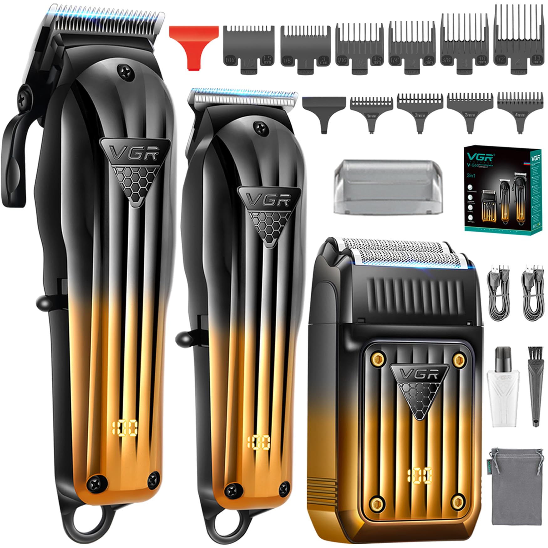 VGR 644 Tondeuse Pour Hommes Professionnelle | Tondeuse à Barbe Sans Fil & Rasoir Électrique, Kit de Coupe de Cheveux Rechargeable 3 Pièces avec Écran LED