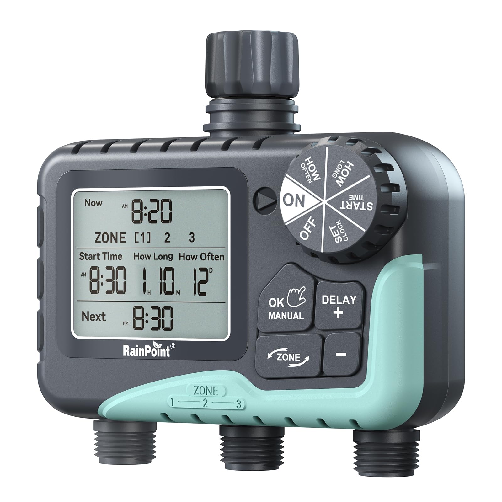 RAINPOINT Sprinkler Timer 3 Zone, Programmable Water Timer for Garden Hose, Hose Timers for Watering with Automatic/Manual/Rain Delay/Watering Mode, IP65 Waterproof, Large LCD