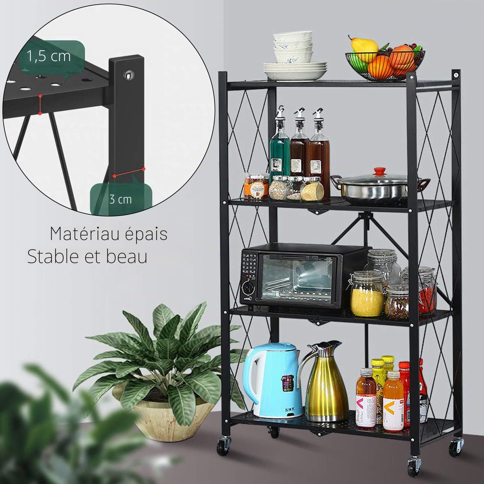 Étagère de rangement pliable en métal 4 étagères - 71,1 x 35,6 x 127 cm (l x p x h) - Pour garage, cuisine, boulangerie, robuste sur roulettes