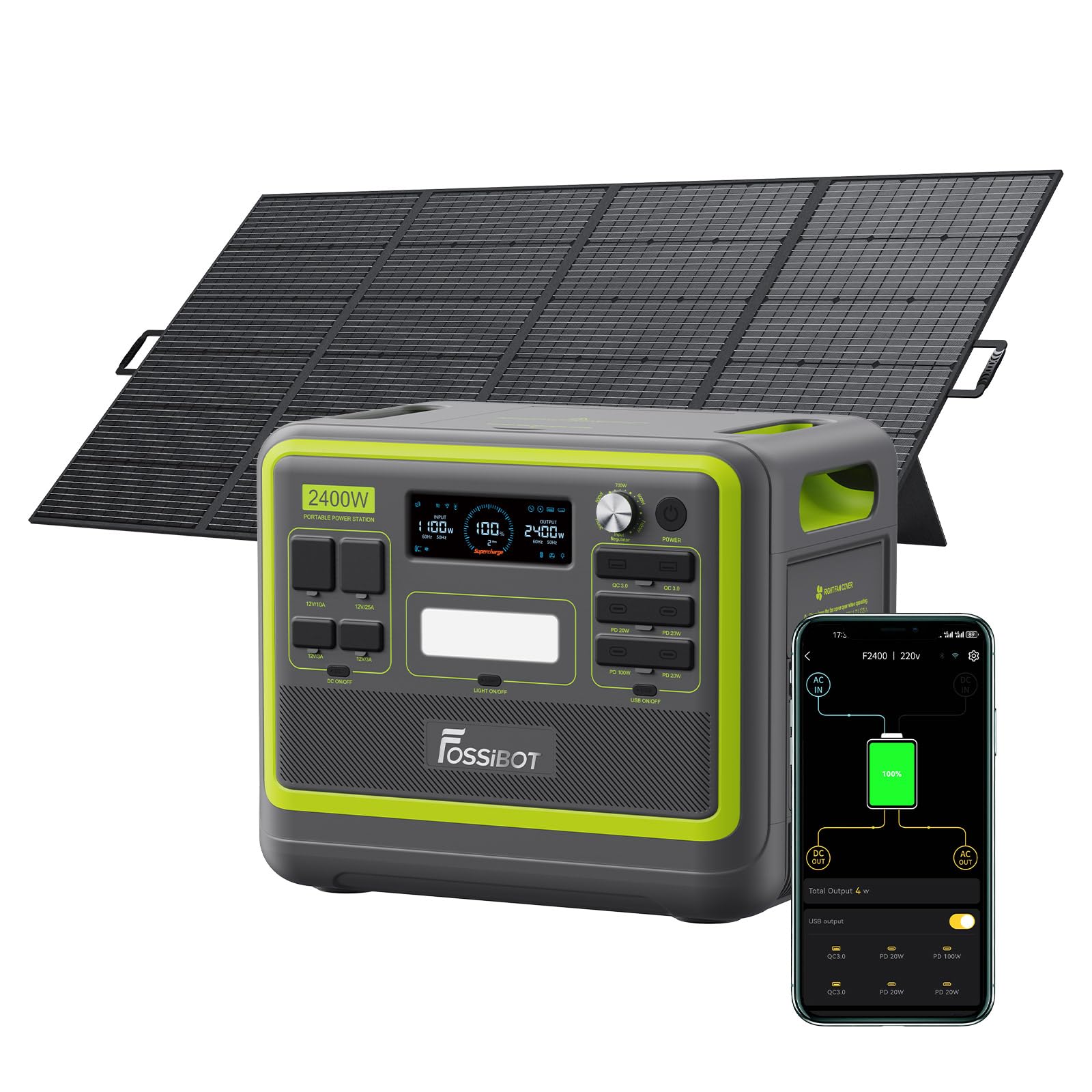 FOSSiBOT F2400 Generatore Solare con Pannelli Solari da 420 W, Batteria LiFePO4 da 2048Wh con Uscita da 2400 W, Ricarica Rapida di 1,5 ore, Centrale Elettrica Portatile per Campeggio e Camper