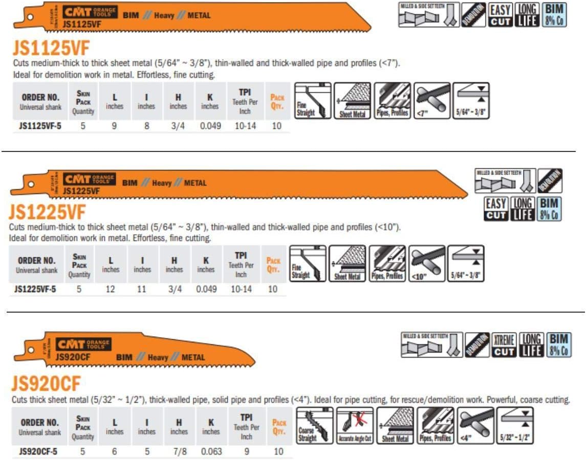 CMT USA, Inc. JS922BF-20 CMT 14 TPI Bimetal Reciprocating Saw Blades for Metal (20 Pack), 5"