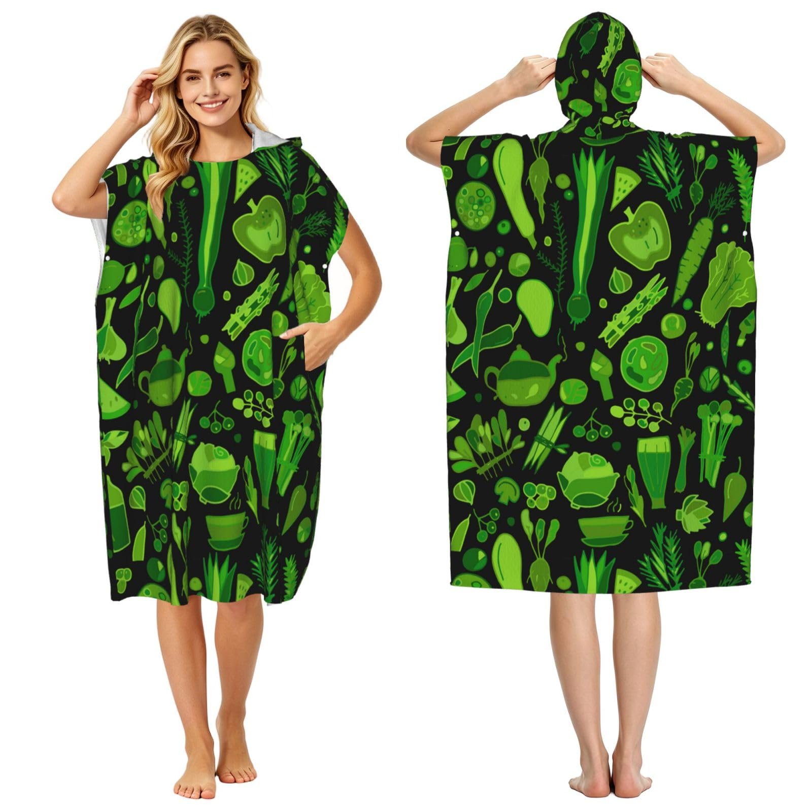 Poadnly Green Vegetables Pattern, Adult Hooded Beach Towel 90 x 110 cm,Changing Bath Robe, Surf Poncho Towel For Women Men