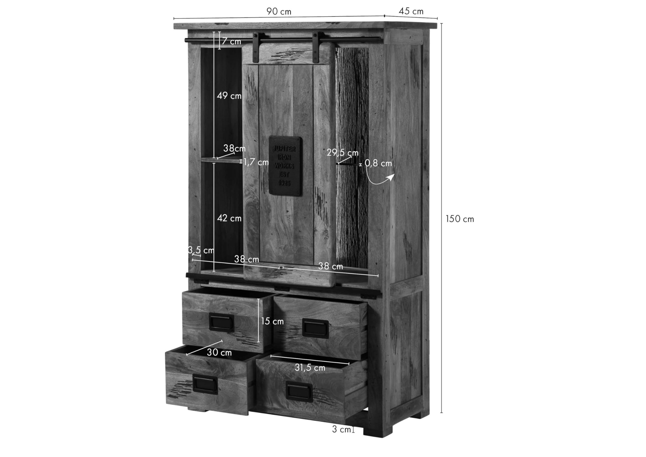 MASSIVMOEBEL24.DE | Schrank Mango/Altholz 90x45x150 Natur lackiert Railway LUX #115, Farbe:Natur lackiert, Größe:90x45x150 cm (BxTxH)