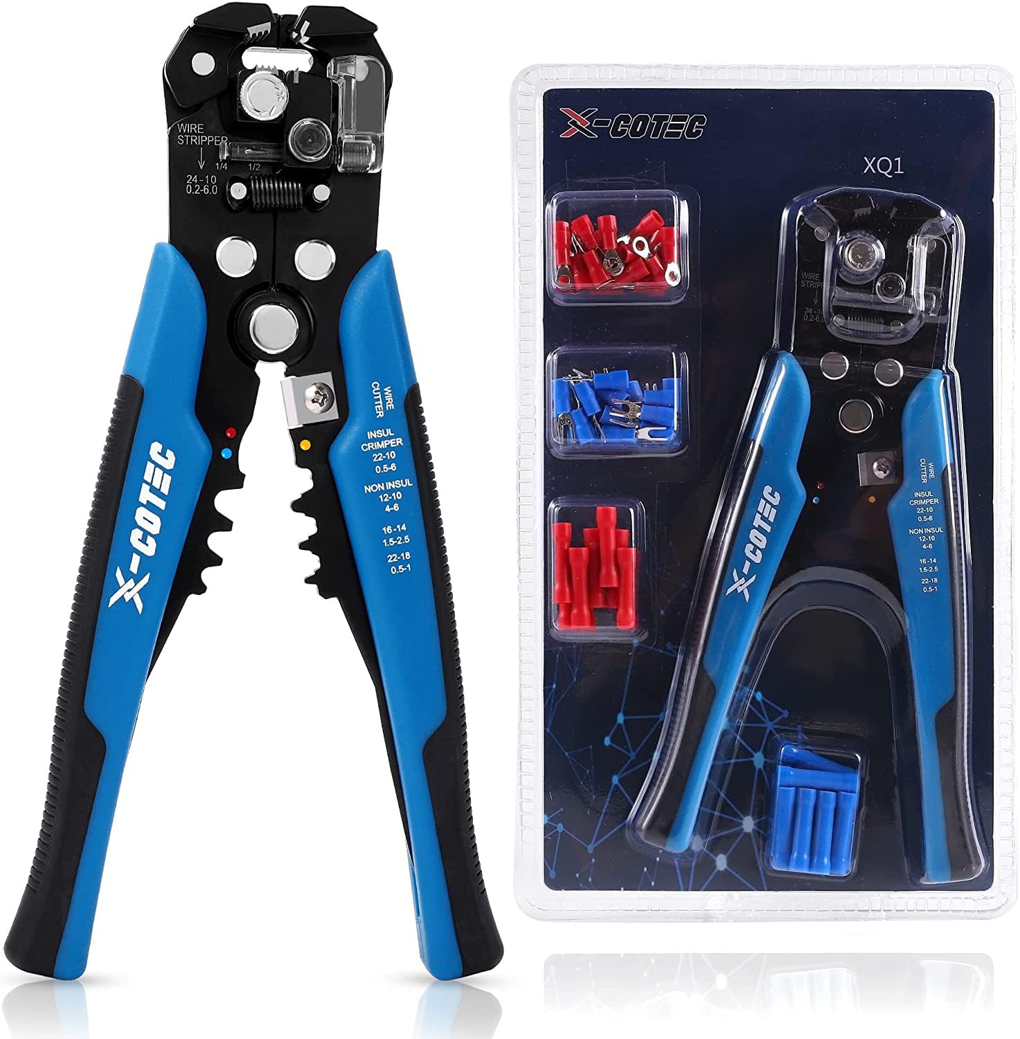 X-COTEC Wire Stripper Automatic with 60PCS Terminals, 3-in-1 Cable Stripper, Wire Cutter, Terminal Crimper, 22-10AWG (0.5-6 mm) Professional Electrician Wire Stripping Pliers Self Adjusting