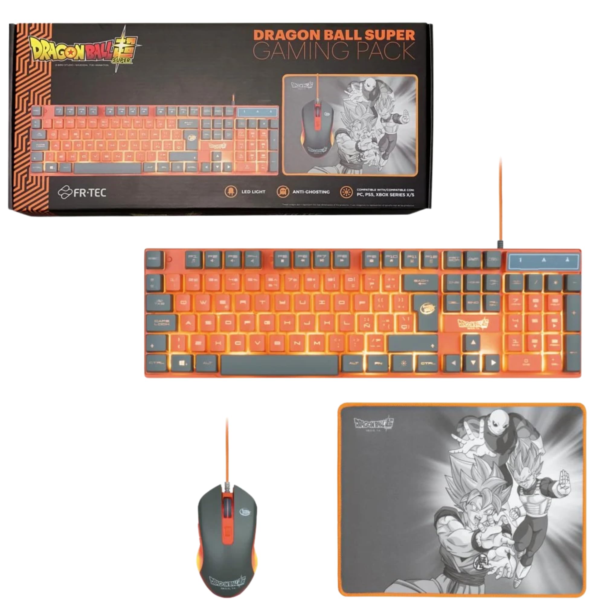 Pack Gaming D.B.Super | Teclado, Ratón, Alfombrilla | Iluminación LED, Membrana Plug & Play | Diseño QWERTZ | Edición Oficial
