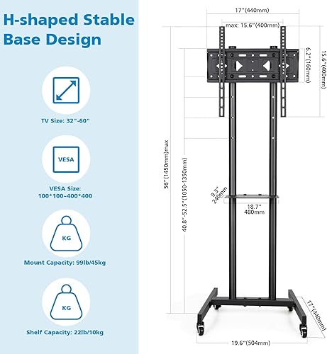 Miniatura 5 de Soporte de TV móvil con ruedas para pantallas de 32 a 60 pulgadas, base en forma de H de doble polo, carrito de TV portátil rodante, LCD, LED, OLED,