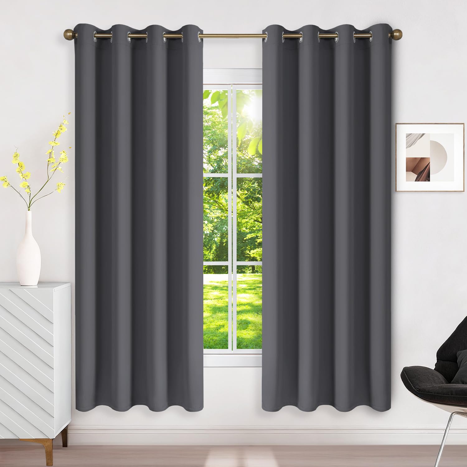Runyéla Blackout Curtains for Bedroom Eyelet 52 x 63 Inch Drop Grey Thermal Black Out Curtain for Living Room, 2 Panels, Dark Grey