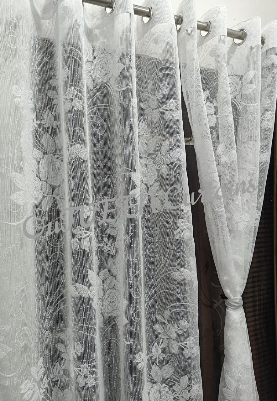 OuTVEEN Polyester Rose Design Heavy Net Tissue Curtains, Pack of 2 Pecs (White Color) (4 x 9 Feet Long Door Size Curtains)