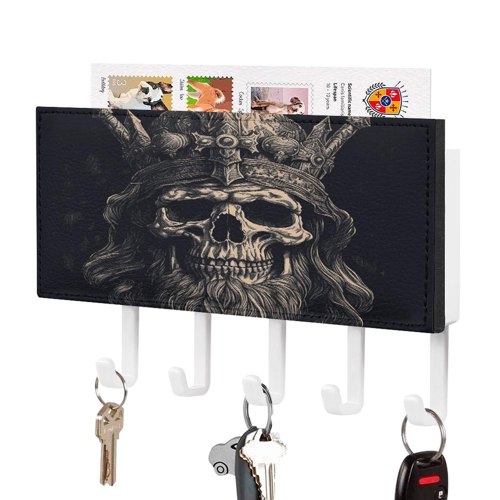 Fekiloot White-Style Skull And Ax Key Holder Wall Mount Key Hanger With 5 Hooks Decorative Key Rack Hanging Key Hooks With Mail Organizer Key Holder For Wall Living Room Kitchen Bathroom Hallway White