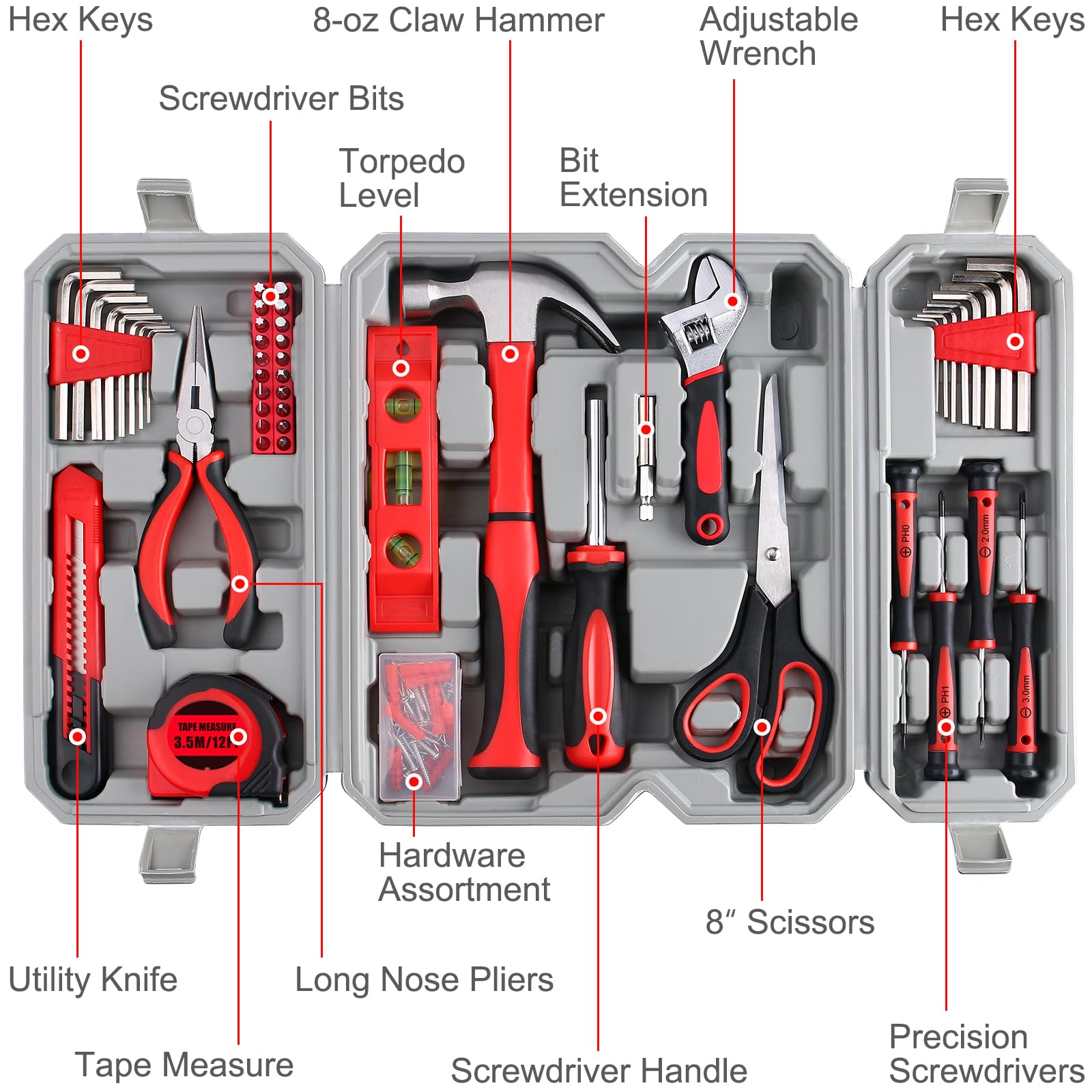 WINNER Kit de herramientas multiusos para el hogar de 160 piezas en delicada caja de herramientas, adecuado tanto para hombres como para mujeres, ideal para reparaciones comunes del hogar, proyectos