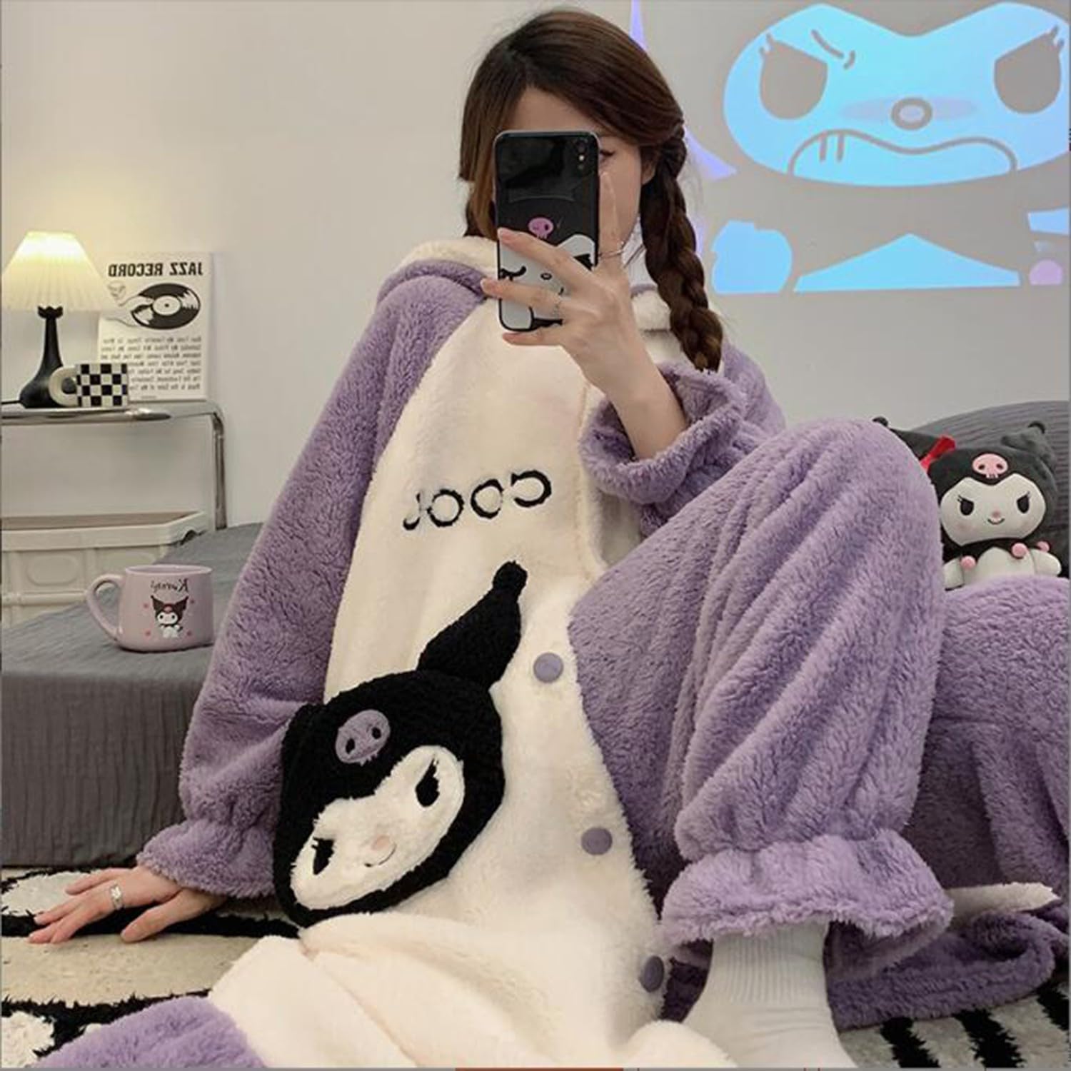 My Melody Pyjama Femme Hiver en Flanelle Peignoir de Bain avec Capuche Polaire Chaude Robe de Chambre et Pantalon Long 2 Pièces Ensemble de Pyjam Vêtements de Nuit