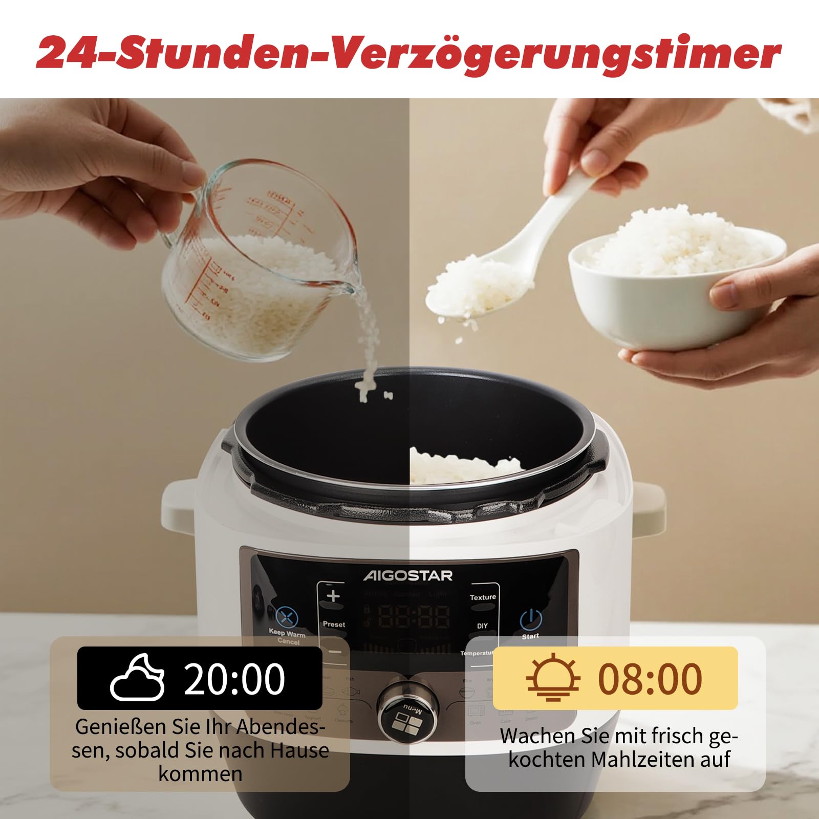 Aigostar Panda - 7-in-1 Schnellkochtopf, 5,5 L Multikocher Pressure Cooker, 14 Automatik-Programme, LED-Panel, Druckeinstellungen, Timer und Warmfunktion, Antihaftbeschichteter, 1000 W