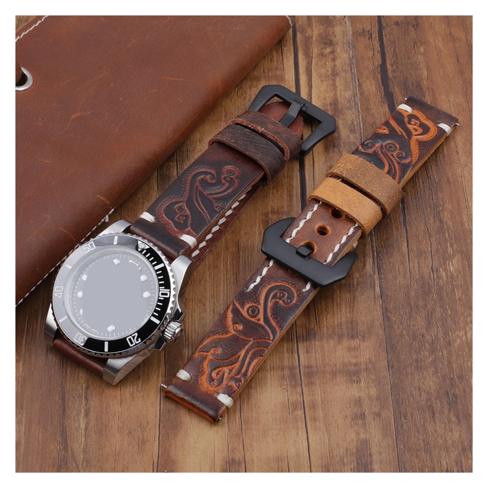 Ręcznie grawerowany pasek do zegarka ze skóry bydlęcej w stylu vintage 18 20 22 24 mm Wymiana prawdziwej skóry