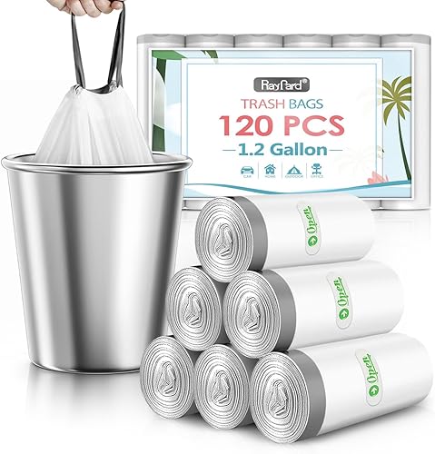 120 bolsas de basura con cordón de 1.2 galones, pequeñas bolsas de plástico fuertes para botes de basura de 4 a 5 litros para el hogar, oficina,