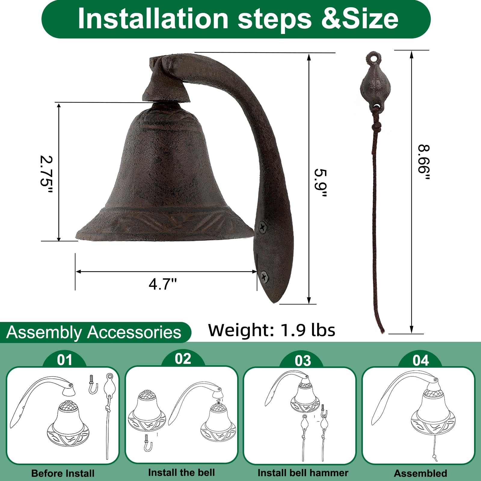 Cast Iron Dinner Bell,Retro Metal Outside Farmhouse Door Bell,Simple Decoration Hanging Bell for Yard or Garden,Manually Shaking Doorbell Indoor Outdoor Wall Mounted Ornamental Dinner Bell-Bell