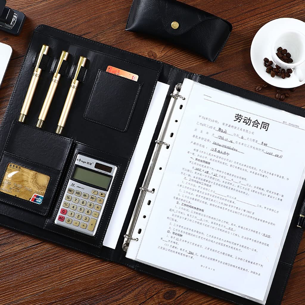 Porte Documents Porte Bloc A4 Portefeuille d'affaires classeur Padfolio avec 4 Anneaux classeur Bloc-Notes Cahier pour Femmes Hommes Interview