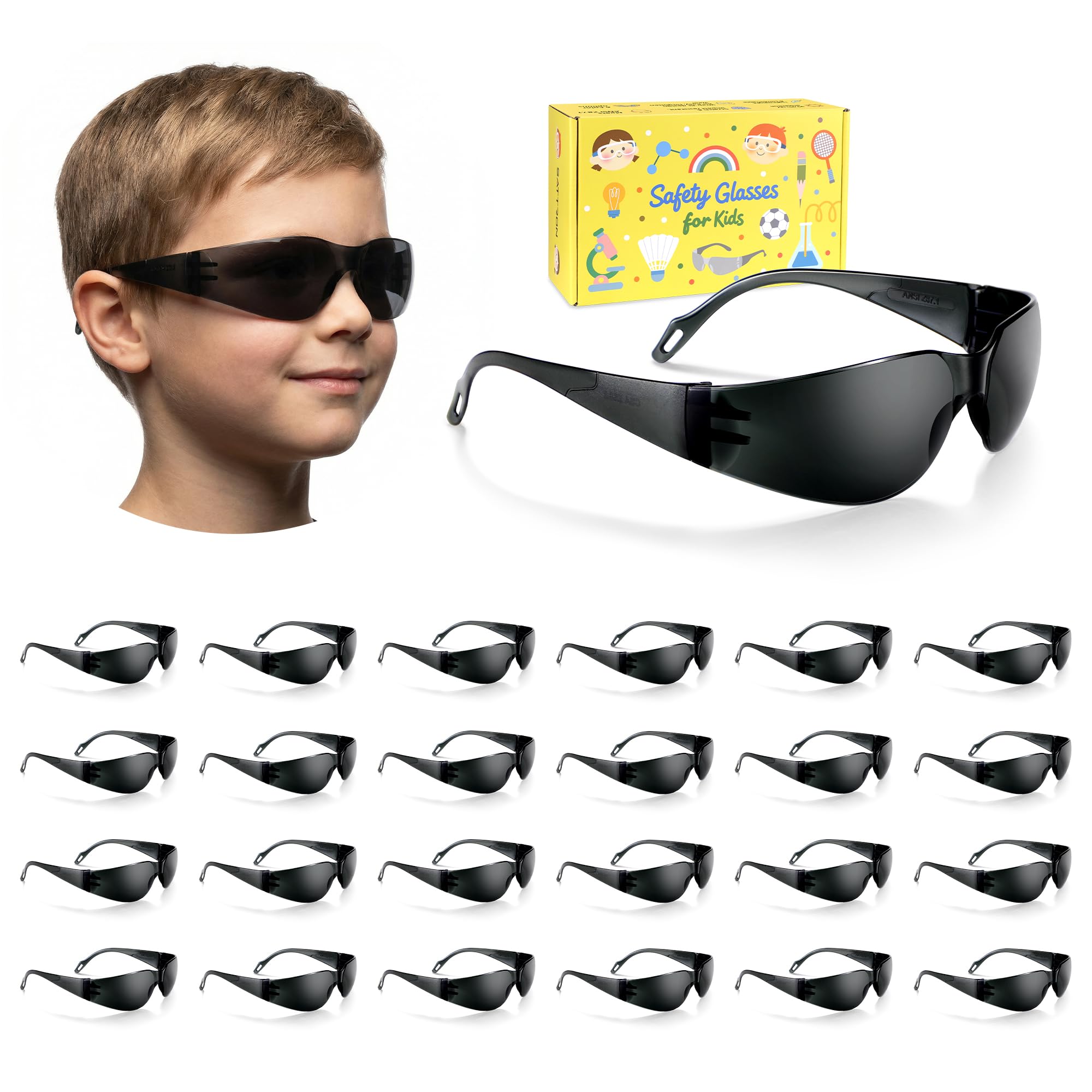 Getönte Kinderschutzbrille, ANSI Z87.1, Rauchglas, UV400-Schutz, kratz- und schlagfest, 24 Stück, Grauschwarz, für Schule, Sport, Heimwerker