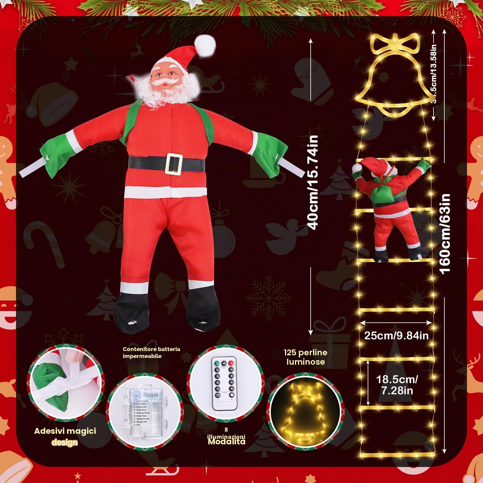 SelfTek Luci Decorative Natalizie a Scala con Babbo Natale Rampicante, Decorazioni Natalizie a LED con 8 Modalità di Luce per Interno, Esterno, Giardino (160cm/5.25ft, Bianco Caldo)