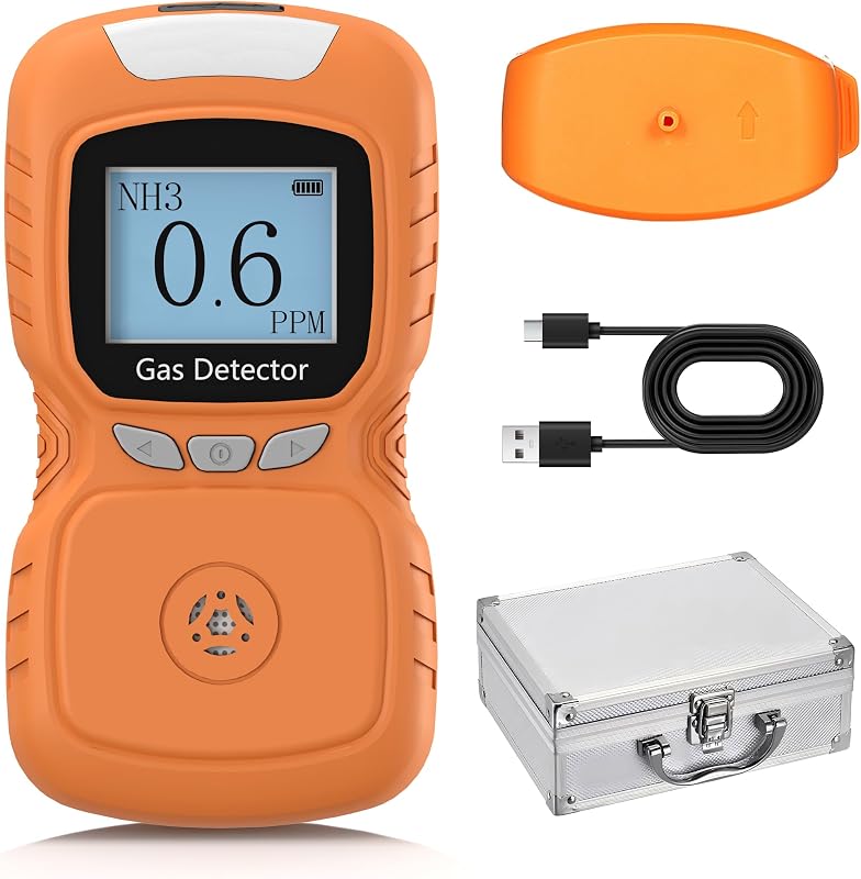 Detector de gas amoniaco portátil, monitor de gas NH3 recargable de 0 a 100 PPM con alarma triple (sonido, luz y vibración) para gallineros, granjas porcinas e instalaciones ganaderas