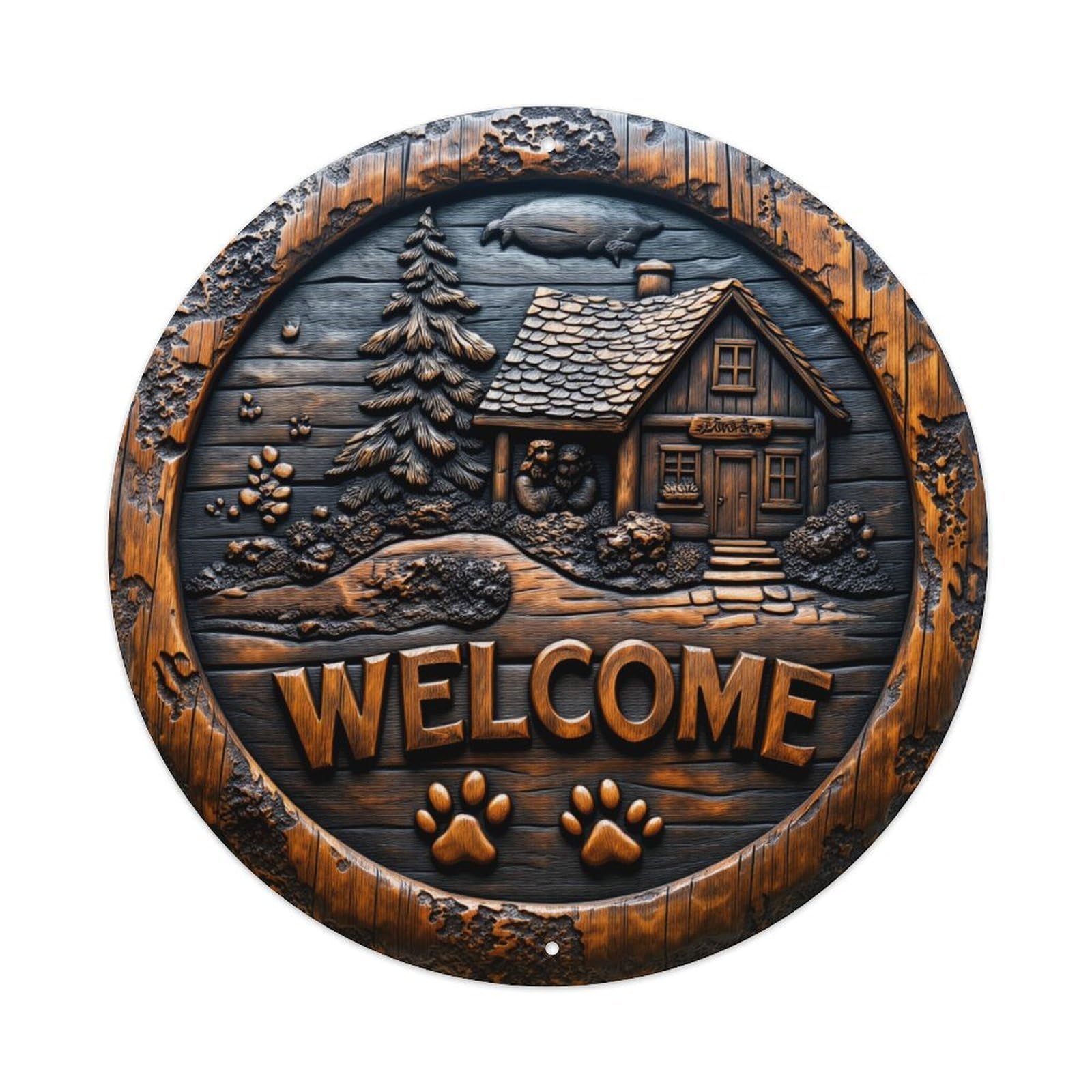Cabin Forest Welcome Paw Prints Round Tin Sign Vintage Metal Sign Home Bar Garden Indoor & Outdoor Wall Decor Retro Metal Poster 8x8 Inch