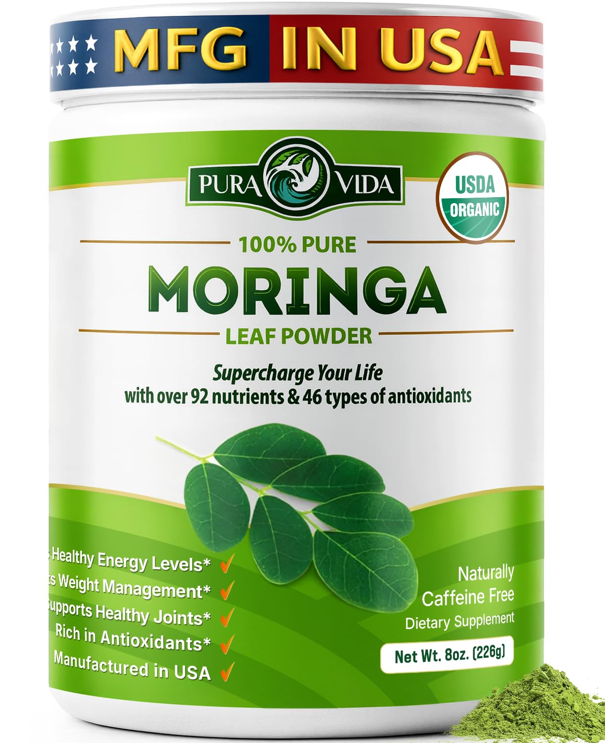 Powder Organic Single Origin - Premium 100% Leaf Powder, USDA Organic Moringa Oleifera, Moringa Leaf Powder - Perfect for Smoothies & Recipes. 8 oz.