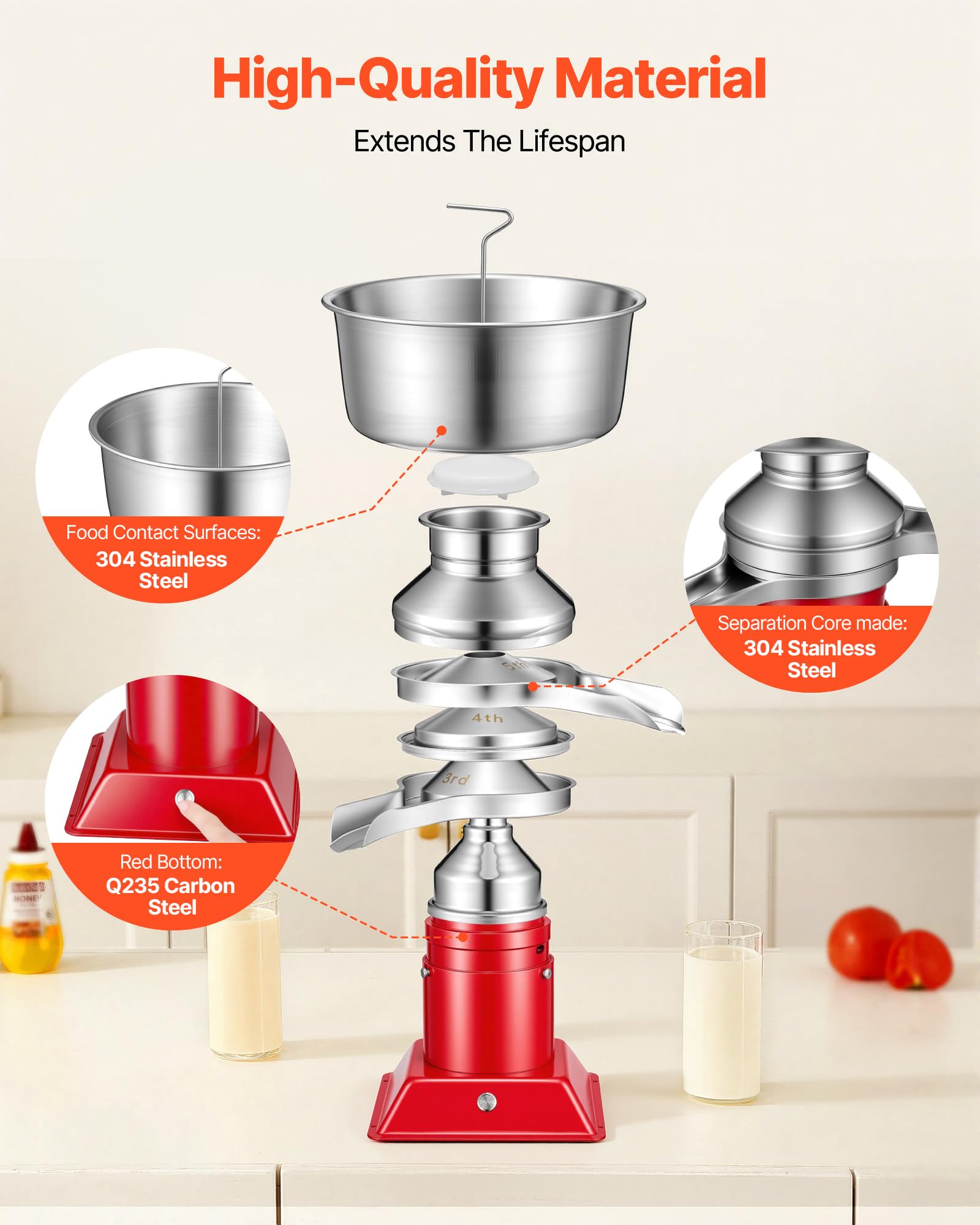 VEVOR Separatore di Latte Elettrico 40 W Centrifuga per Latte Elettrica 60 L/h Controllo a Pulsante, Separatore Panna 10500 giri/min Acciaio Inox 304 Centrifuga Panna con Serbatoio da 4,5 L da Cucina
