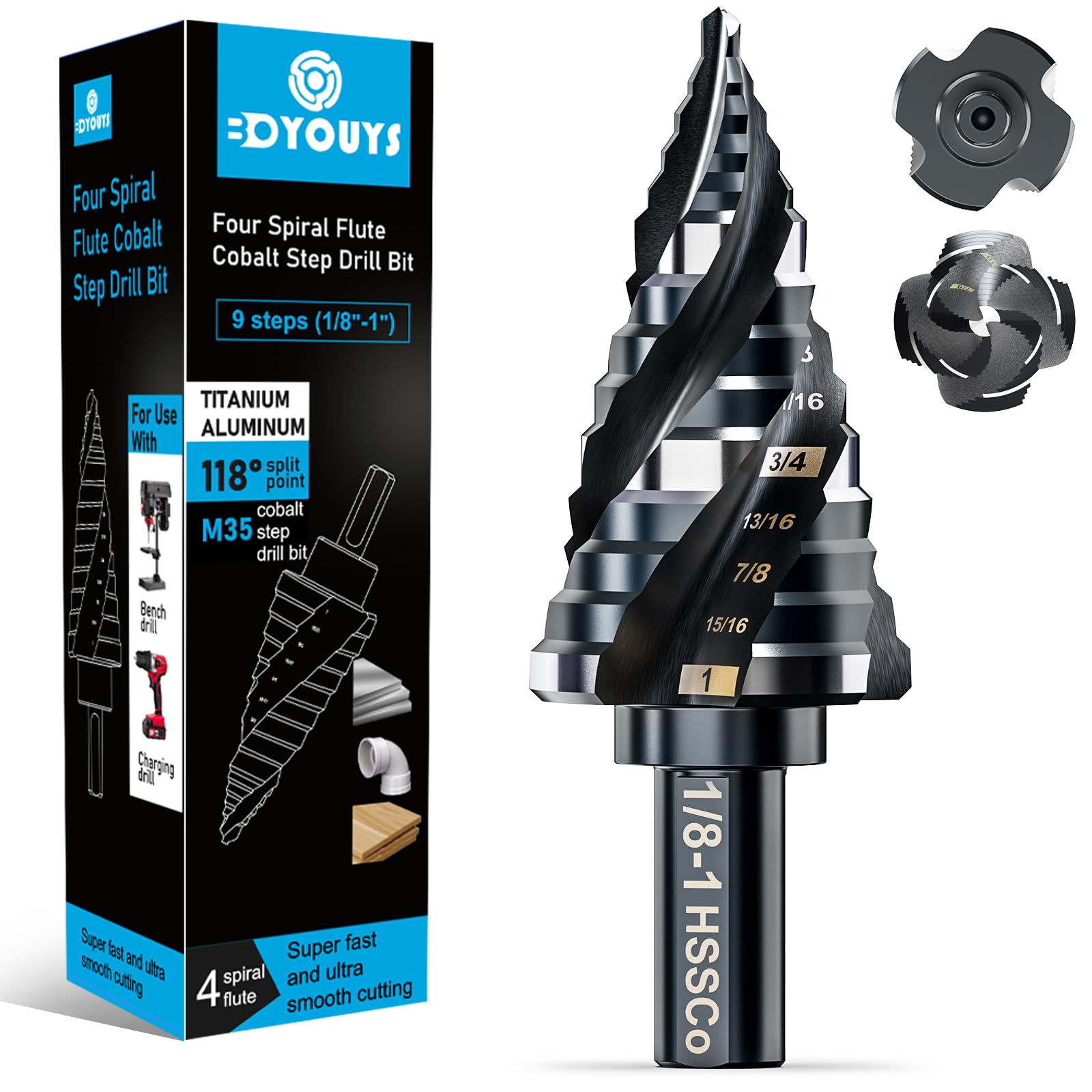 Four Spiral Flute M35 Step Drill Bit Set 1/8"-1"(9 Sizes), 3/8" Shank for Metal Step Drill bit, Impact Resistant Cobalt Step Drill Bit, for Stainless