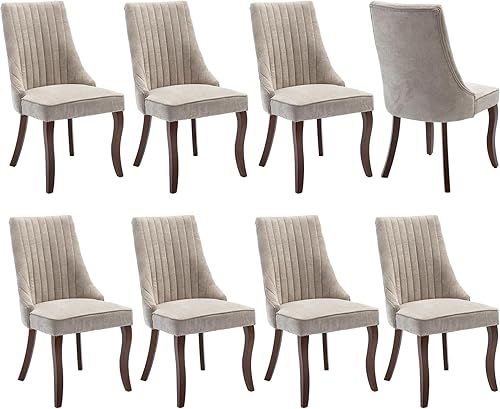 Miniatura 16 de Juego de 6 sillas de comedor, sillas de comedor de cocina con canales de lino con patas curvadas de madera maciza, silla de comedor tapizada de tela