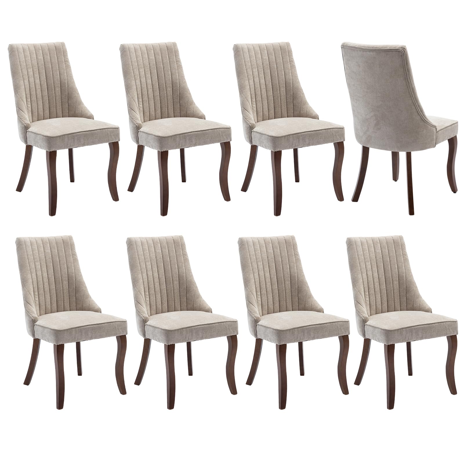 MZDOO Dining Chairs Set of 8, Linen Channel Tufted Kitchen Chair with Curved Solid Wood Legs, Comfortable Fabric Upholstered Dining Chair for Home, (