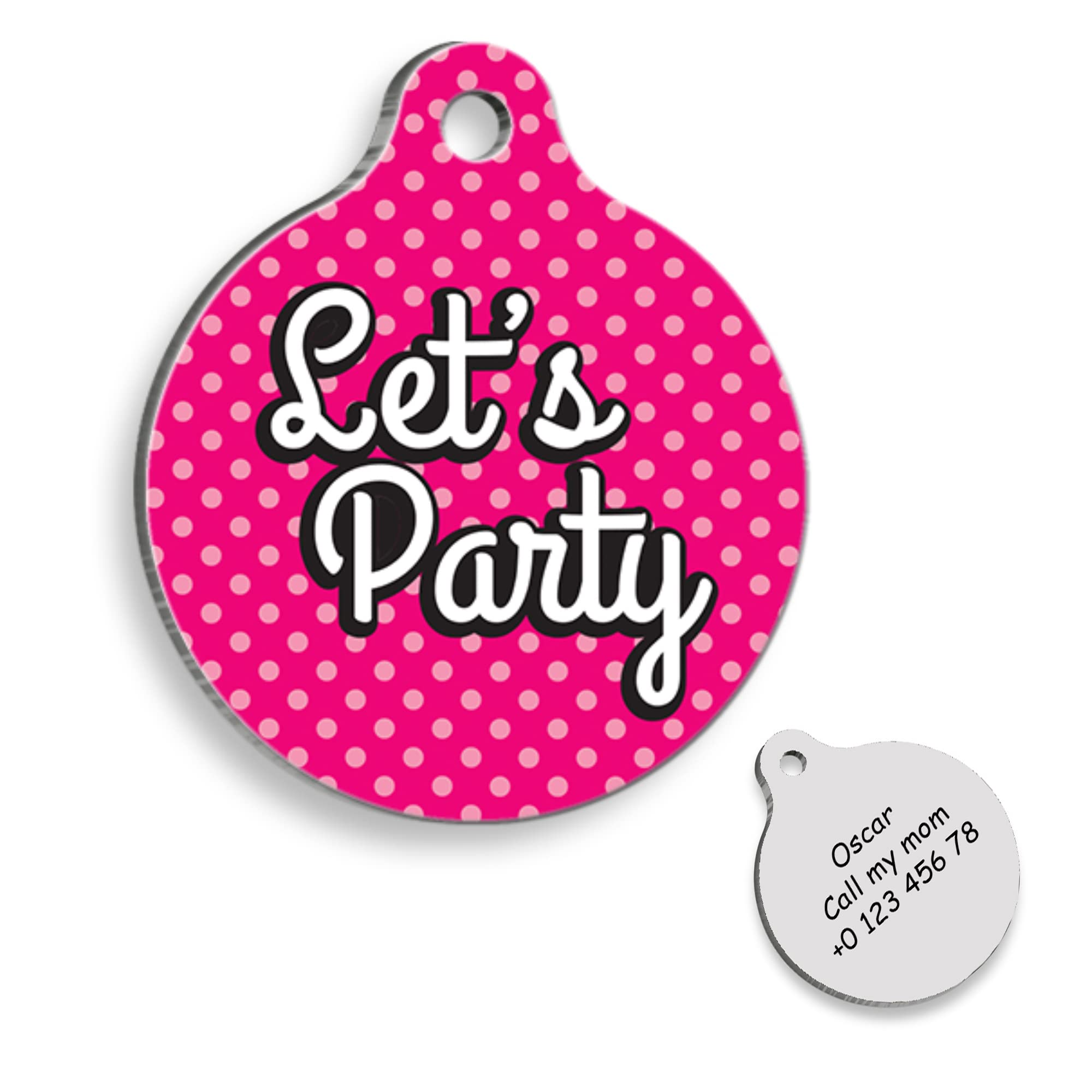 Let's Party Pink Personalized Dog Tag - Custom Name Tag - ID Tag for Dog & Cat - Customized Pet Tags - Dog & Cat Name id Tag - Dog Name Tag - Engraved Dog Tag