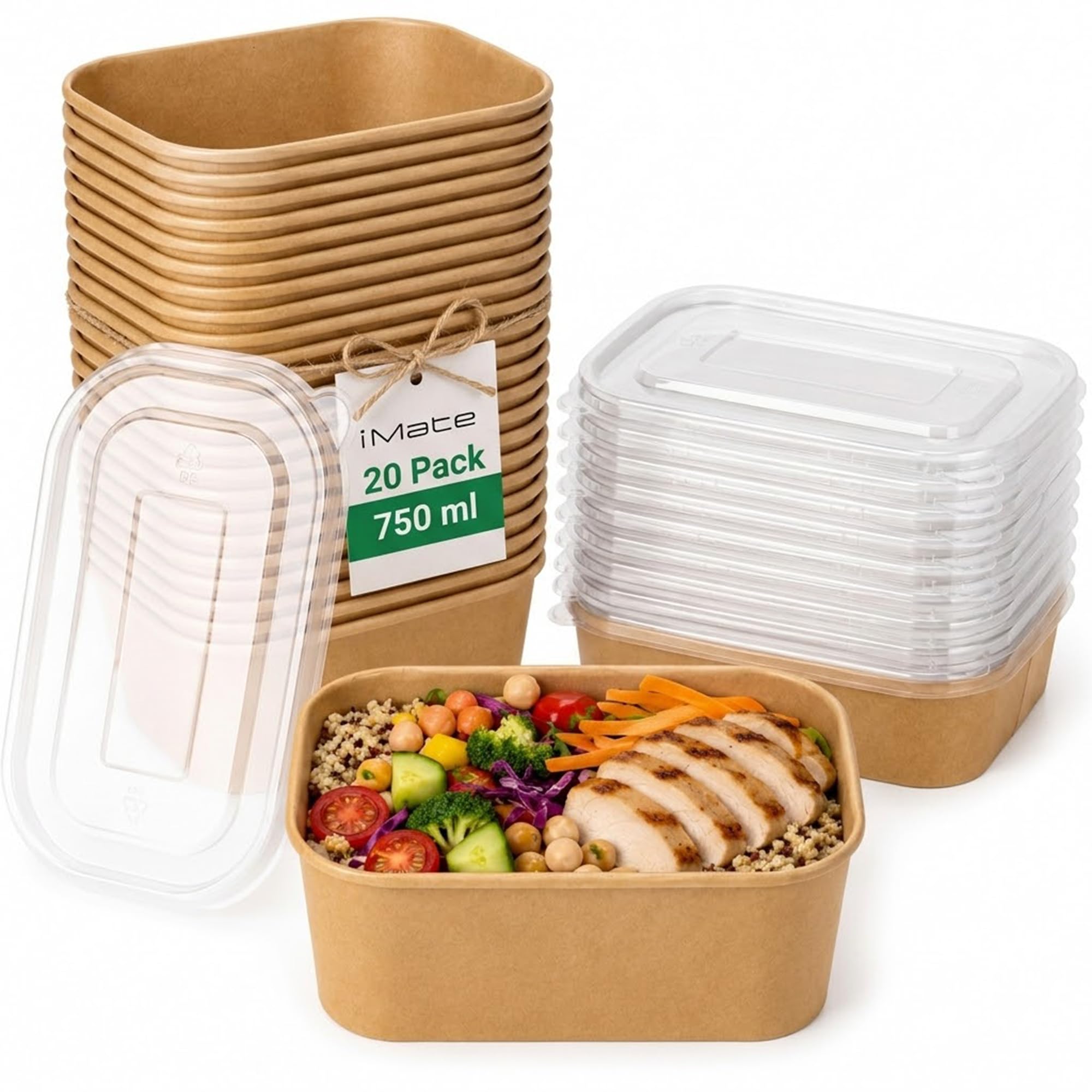 iMate 750ml Disposable Kraft Food Containers 20 Pack Rectangular Takeaway Boxes with Plastic Lids - Leak Resistant Meal Prep Microwave and Freezer Safe - Stackable Storage for Catering and Home Use