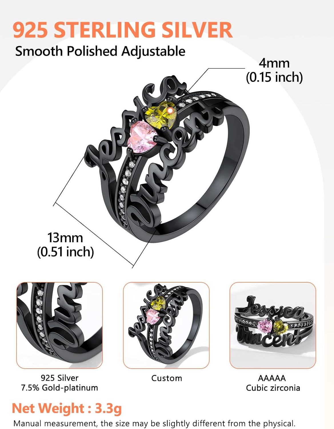 Silvora 925 Sterling Silver Personalized Name Rings Mothers Ring 2 Birthstones Custom Name Ring for Women Memorial Wedding Rings