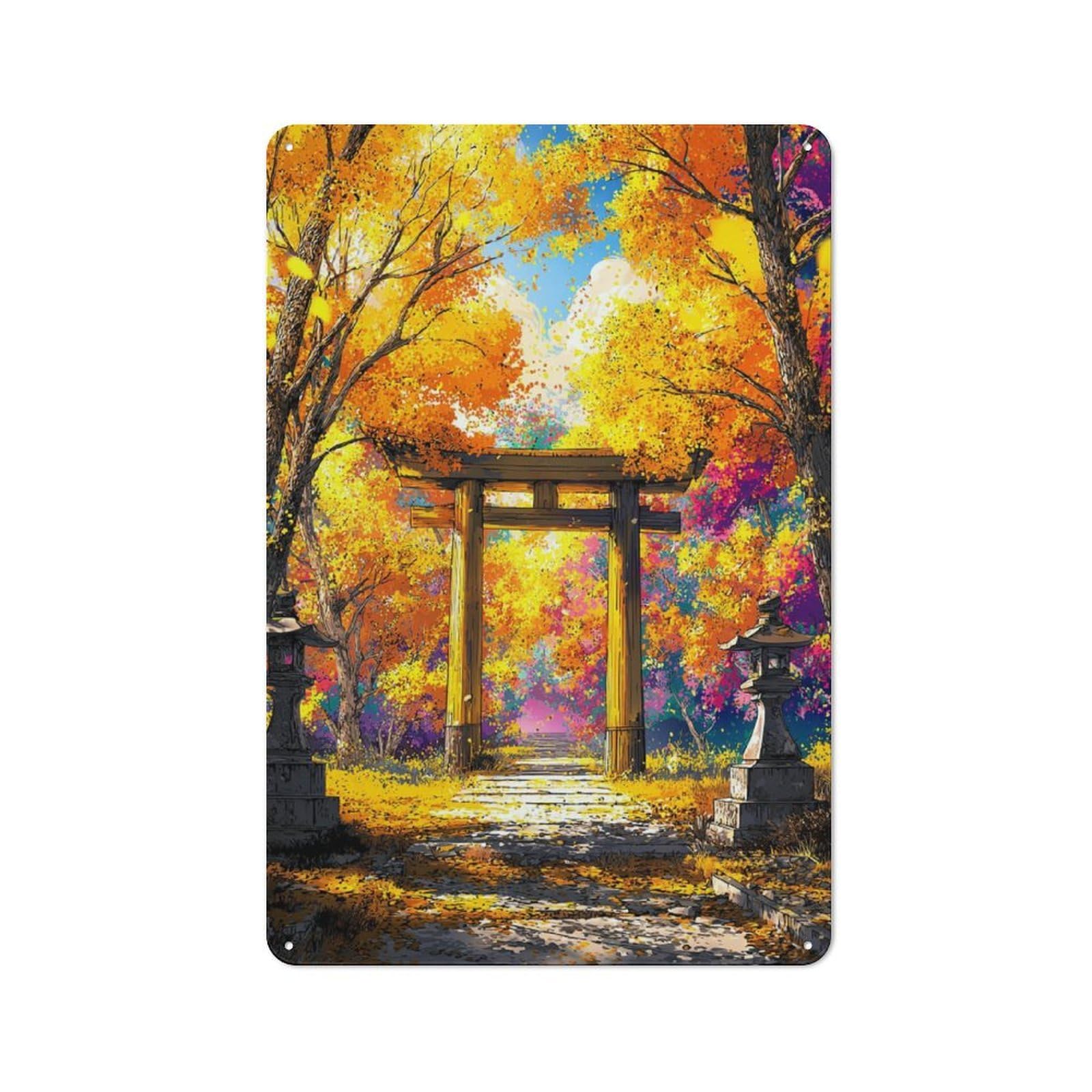 Junmoney Autumnal Torii Gate Serenity -3 Vintage Metal Plaque 30X20cm For Guest Room Or Hallway, A Decorative Christmas Gift For Guest Room Decorators